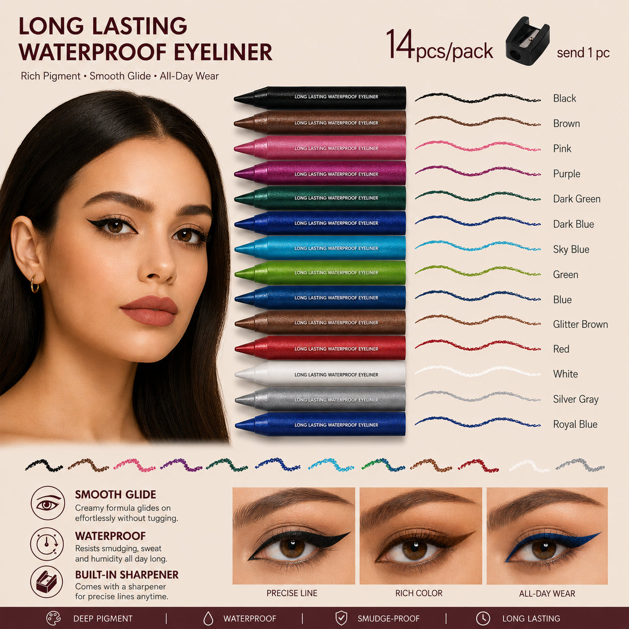 🌈14-Pack Eyeliner Pencil Waterproof Colored Paste Liners with Metallic & Shimmer Finishes Smudge-Proof