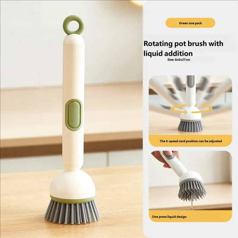 ✨Rotating Kitchen Cleaning Brush, Press‑to‑Dispense Dish Scrub Brush with 6‑Position Adjustable Brush Head, PET Bristles Safe for Non‑Stick Pans, Multi‑Purpose Household Scrubber for Sink, Pots & Stovetop