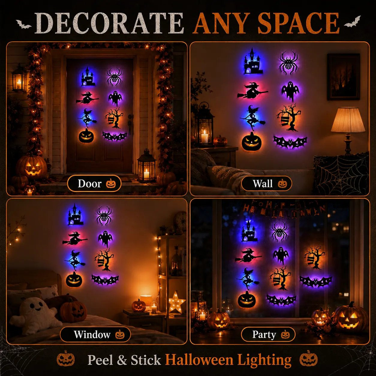 🔥Halloween LED Silhouette Wall Light Stickers, No‑Drill Peel & Stick, Battery Powered Spooky Glowing Wall Decor for Halloween Home Party🎃