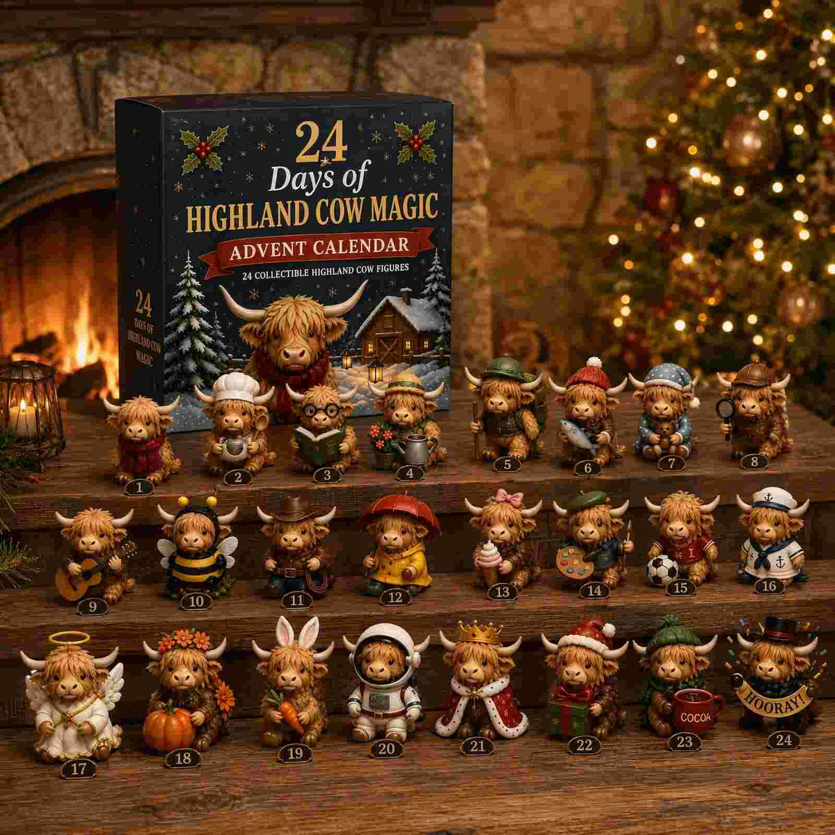 🎄24 Days Highland Cow Magic Blind Box | 24Pcs Cute Highland Cow Collectible Figurines Christmas Surprise Gift Box