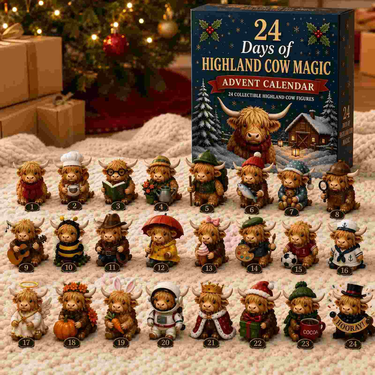 🎄24 Days Highland Cow Magic Blind Box | 24Pcs Cute Highland Cow Collectible Figurines Christmas Surprise Gift Box