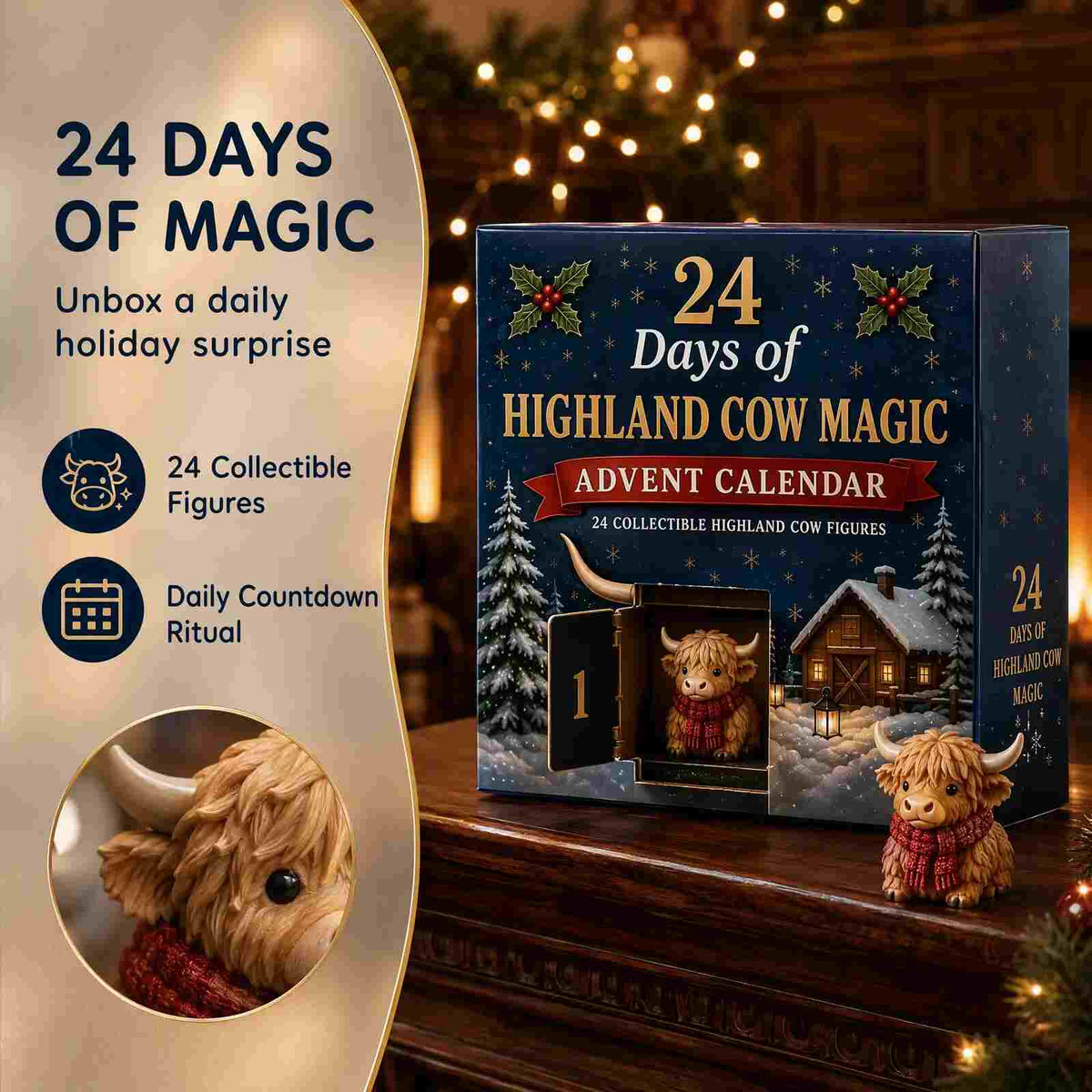 🎄24 Days Highland Cow Magic Blind Box | 24Pcs Cute Highland Cow Collectible Figurines Christmas Surprise Gift Box