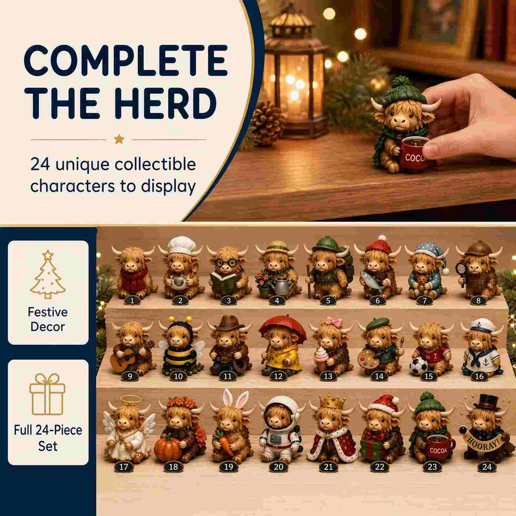 🎄24 Days Highland Cow Magic Blind Box | 24Pcs Cute Highland Cow Collectible Figurines Christmas Surprise Gift Box
