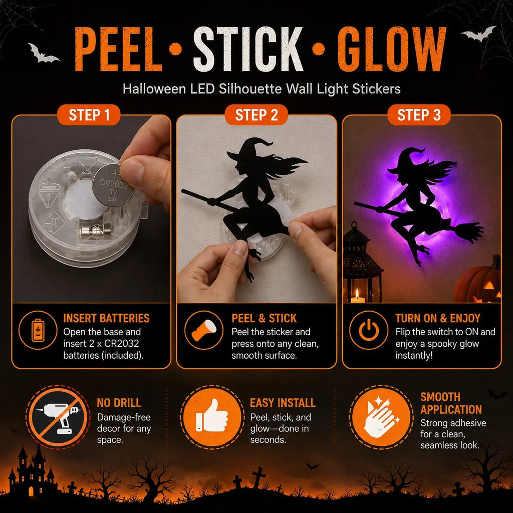 🔥Halloween LED Silhouette Wall Light Stickers, No‑Drill Peel & Stick, Battery Powered Spooky Glowing Wall Decor for Halloween Home Party🎃