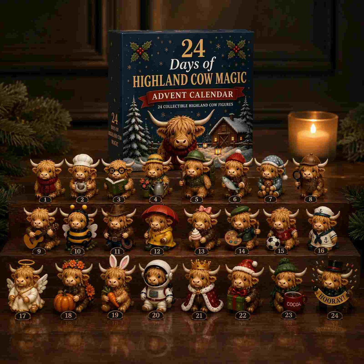 🎄24 Days Highland Cow Magic Blind Box | 24Pcs Cute Highland Cow Collectible Figurines Christmas Surprise Gift Box