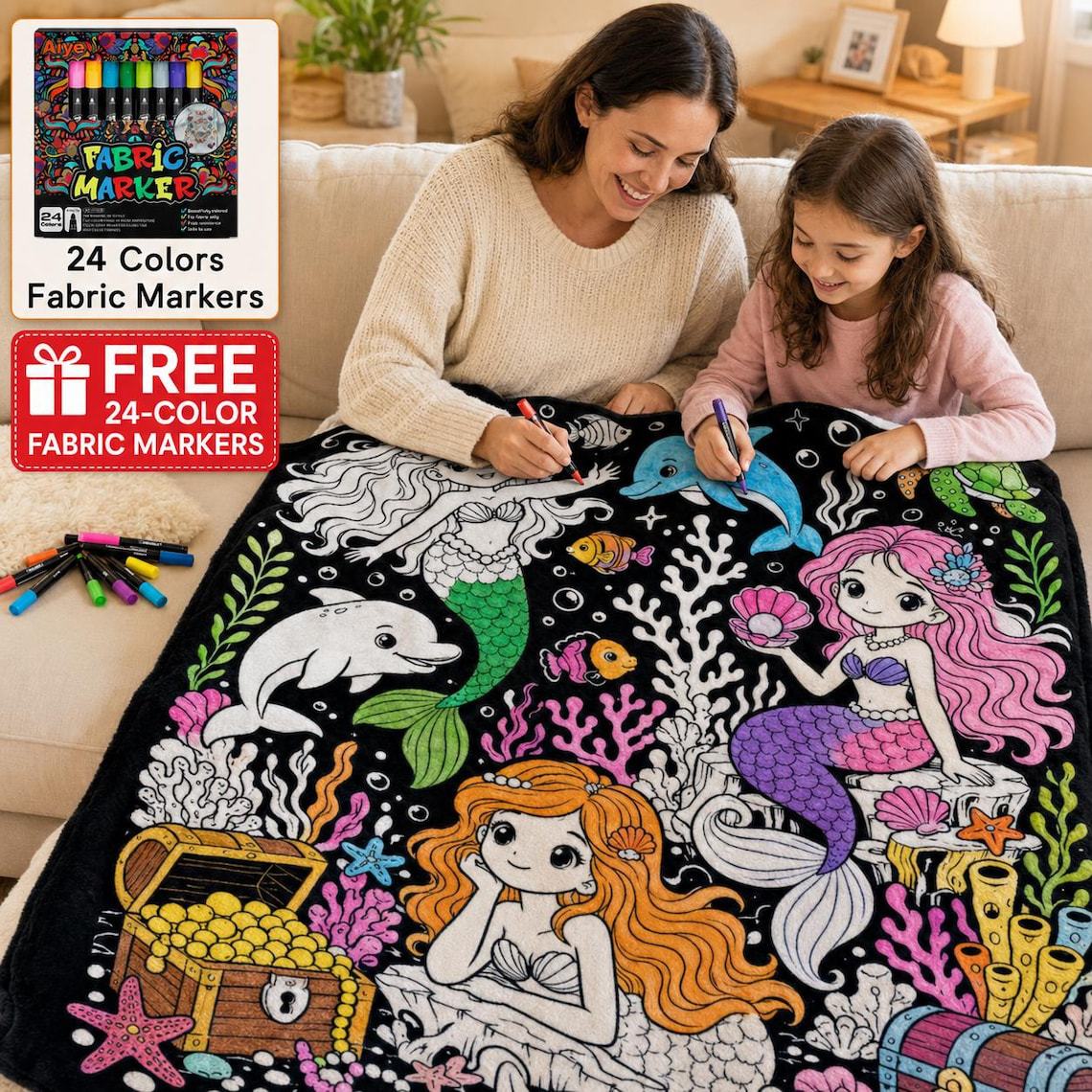 🎨Reusable Washable Coloring Blanket | Comes with 24 Washable Markers, Top Pick for Creative Gifts for Kids & Adults
