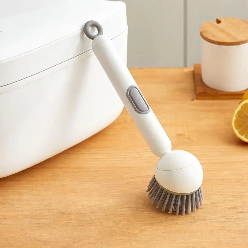 ✨Rotating Kitchen Cleaning Brush, Press‑to‑Dispense Dish Scrub Brush with 6‑Position Adjustable Brush Head, PET Bristles Safe for Non‑Stick Pans, Multi‑Purpose Household Scrubber for Sink, Pots & Stovetop