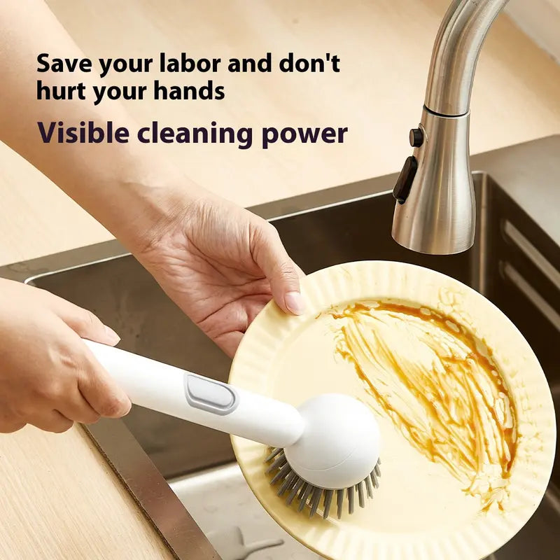 ✨Rotating Kitchen Cleaning Brush, Press‑to‑Dispense Dish Scrub Brush with 6‑Position Adjustable Brush Head, PET Bristles Safe for Non‑Stick Pans, Multi‑Purpose Household Scrubber for Sink, Pots & Stovetop