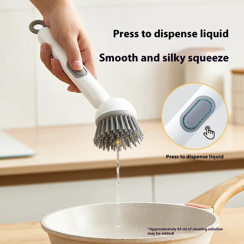 ✨Rotating Kitchen Cleaning Brush, Press‑to‑Dispense Dish Scrub Brush with 6‑Position Adjustable Brush Head, PET Bristles Safe for Non‑Stick Pans, Multi‑Purpose Household Scrubber for Sink, Pots & Stovetop