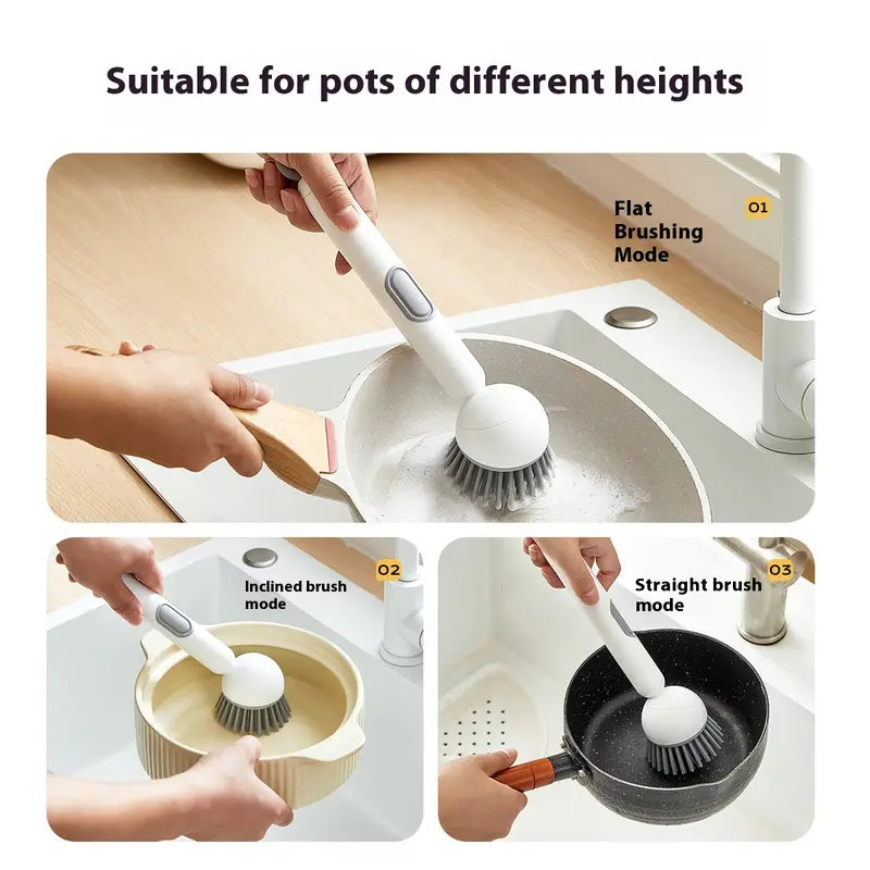 ✨Rotating Kitchen Cleaning Brush, Press‑to‑Dispense Dish Scrub Brush with 6‑Position Adjustable Brush Head, PET Bristles Safe for Non‑Stick Pans, Multi‑Purpose Household Scrubber for Sink, Pots & Stovetop