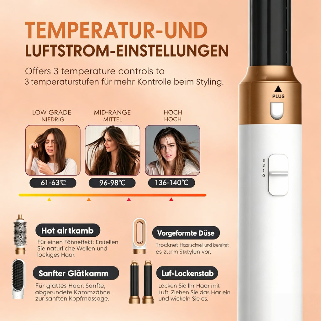 5-in-1 Haarstyler Set ✨ Multifunktionaler Haartrockner Lockenstab Glätteisen | 1000W Schnelltrocknung, 3 Temperaturstufen, Wechselbare Aufsätze für jede Frisur