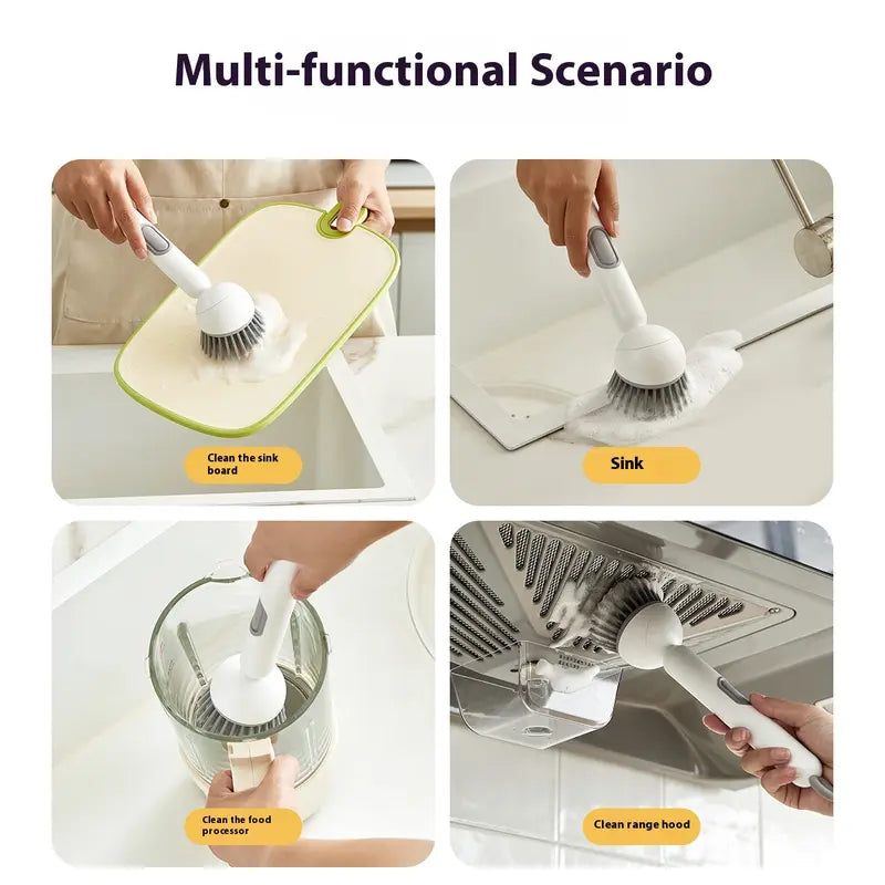 ✨Rotating Kitchen Cleaning Brush, Press‑to‑Dispense Dish Scrub Brush with 6‑Position Adjustable Brush Head, PET Bristles Safe for Non‑Stick Pans, Multi‑Purpose Household Scrubber for Sink, Pots & Stovetop