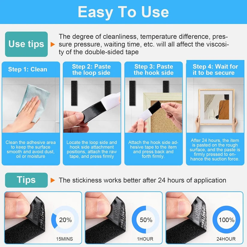 Heavy Duty Hook & Loop Strips - Strong Self-Adhesive Hold For Easy Organization