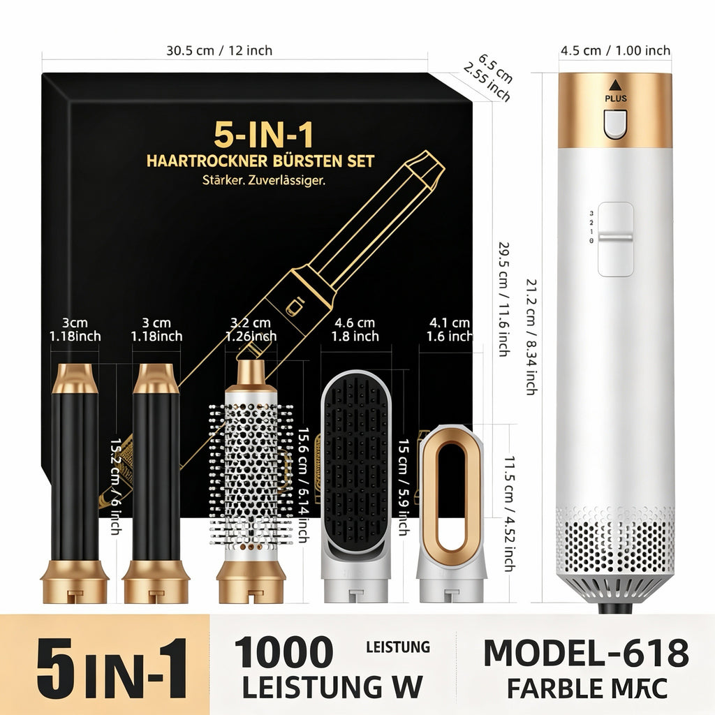 5-in-1 Haarstyler Set ✨ Multifunktionaler Haartrockner Lockenstab Glätteisen | 1000W Schnelltrocknung, 3 Temperaturstufen, Wechselbare Aufsätze für jede Frisur