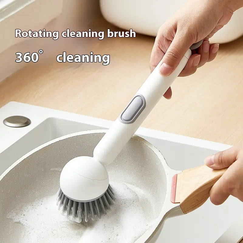 ✨Rotating Kitchen Cleaning Brush, Press‑to‑Dispense Dish Scrub Brush with 6‑Position Adjustable Brush Head, PET Bristles Safe for Non‑Stick Pans, Multi‑Purpose Household Scrubber for Sink, Pots & Stovetop