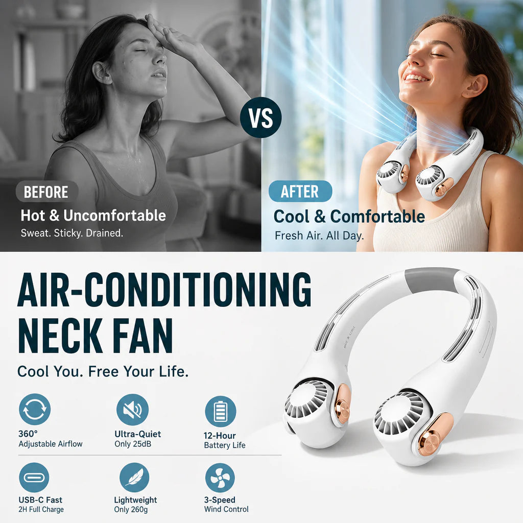 💥 360° Rotating Neck Fan – Ultra Quiet, 3 Speeds, Hands-Free, Long Battery ✨
