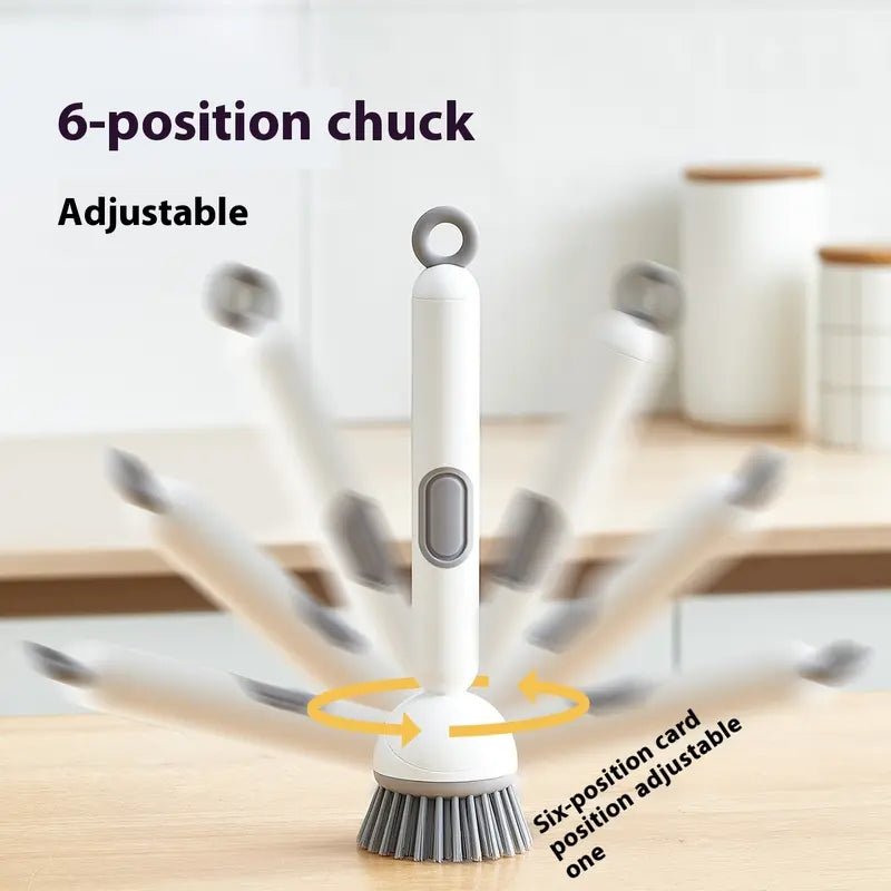 ✨Rotating Kitchen Cleaning Brush, Press‑to‑Dispense Dish Scrub Brush with 6‑Position Adjustable Brush Head, PET Bristles Safe for Non‑Stick Pans, Multi‑Purpose Household Scrubber for Sink, Pots & Stovetop